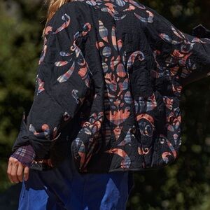 FP Movement by Free People Black Quilted Jacket with Coral & Navy Print